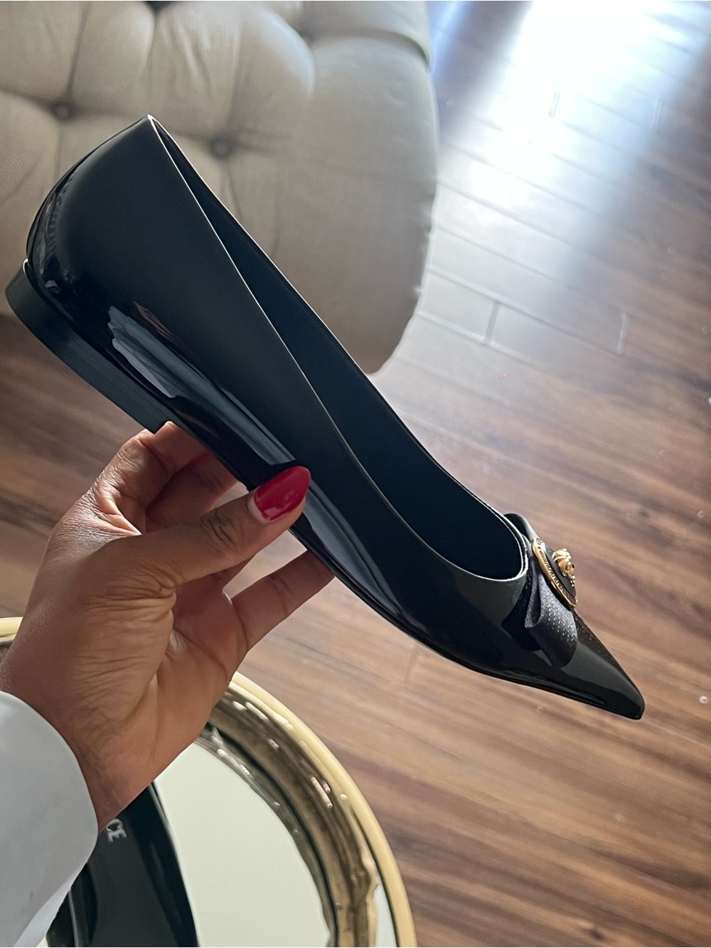 Versace Black Patent Pointed Toe Flats with Gold Medusa Medallion - Picture 8 of 13